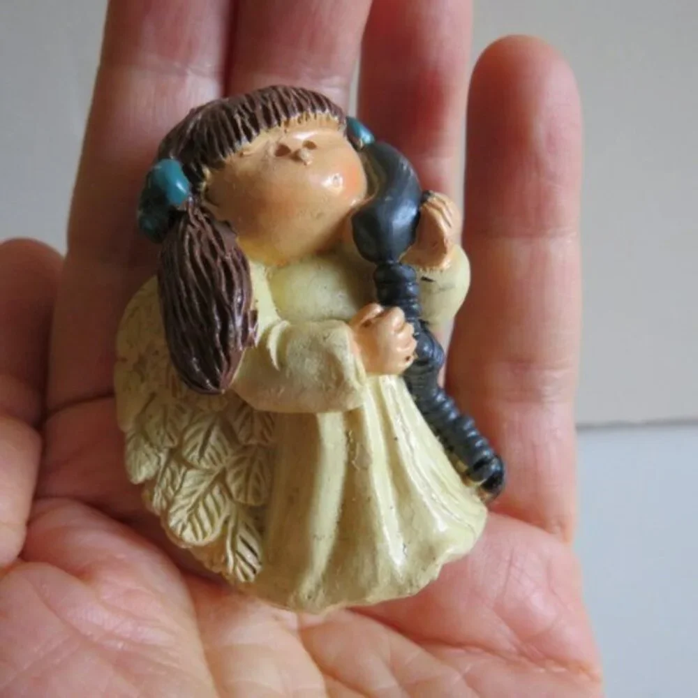 Vintage Miniature Angel Figurine with Telephone  Kitsch Resin Cherub Retro